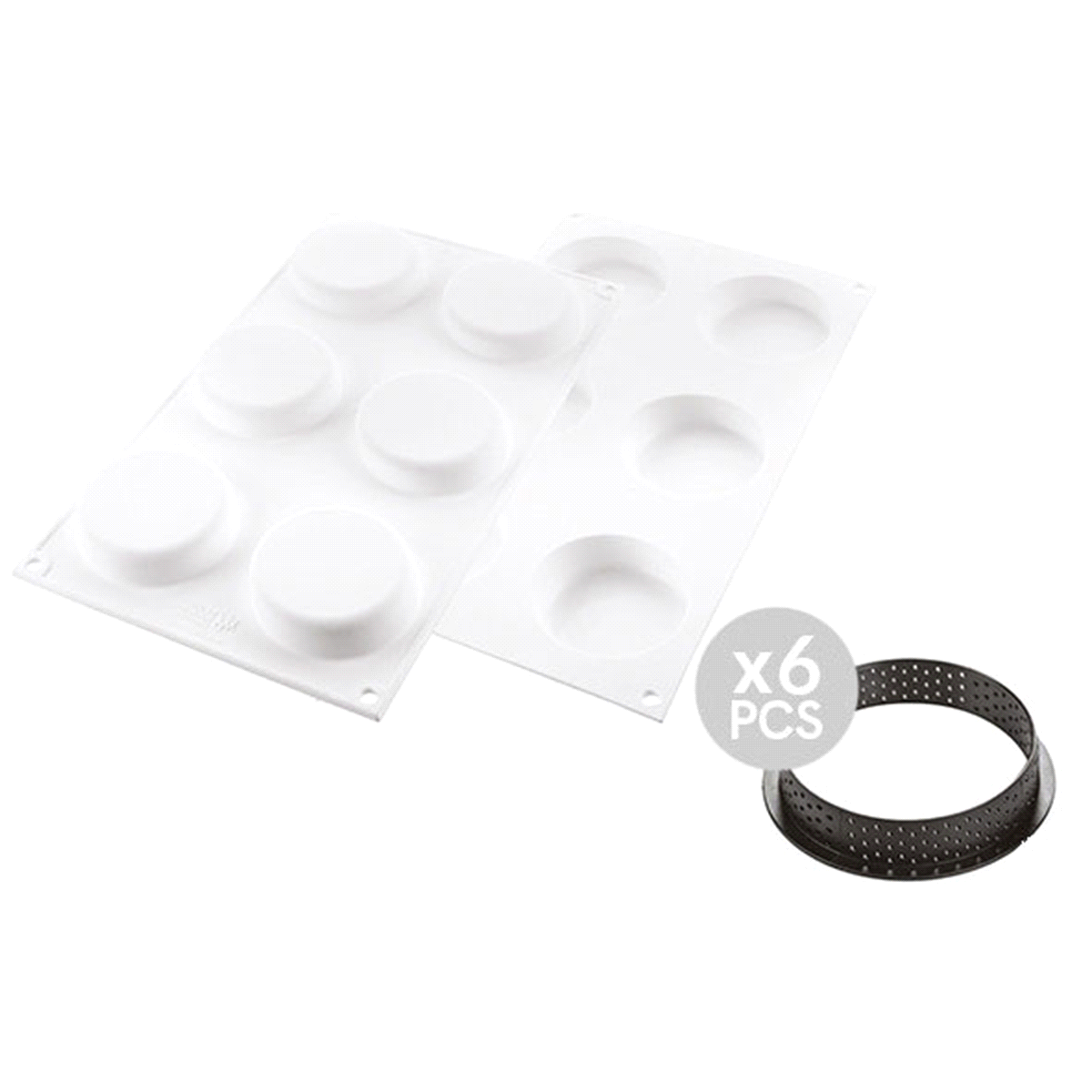 Composto da due elementi: sei anelli da 70 mm di diametro in materiale termoplastico composito indeformabile adatto all’uso in forno per la realizzazione della base e uno stampo in silicone composto da sei cavità 67 h 15 mm ciascuna. 