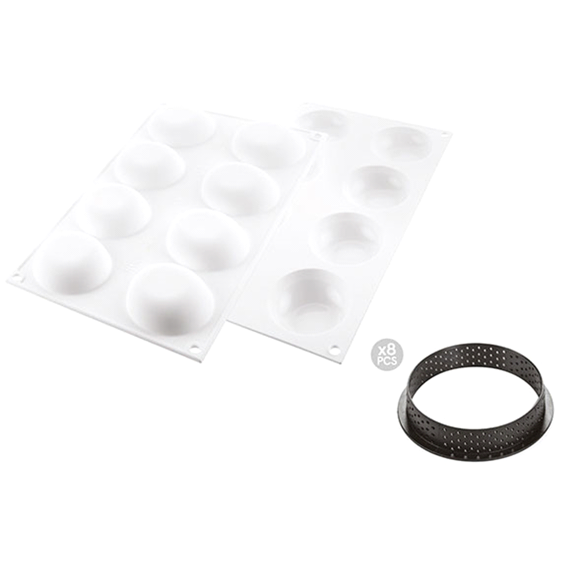 Composto da due elementi: 8 anelli da 70 mm di diametro in materiale termoplastico composito indeformabile adatti all’uso in forno per la realizzazione delle basi e uno stampo in silicone da 64 mm di diametro che consente di realizzare delle mousse o dei cremosi da adagiare sopra alle frolle 