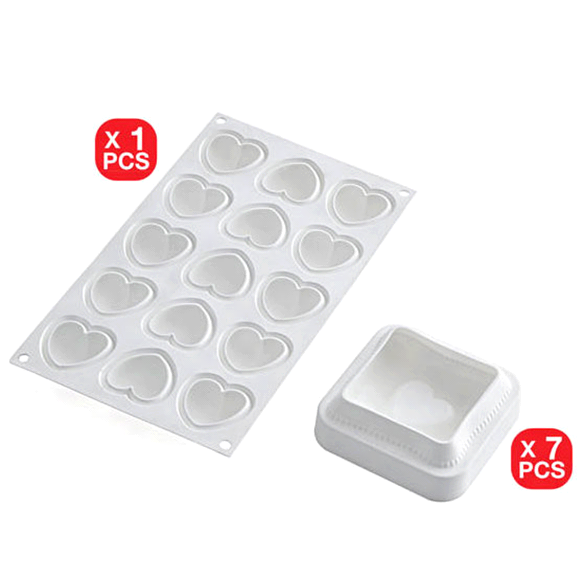Composto da 7 stampi a forma di cuscino e da uno stampo per 15 mignon a forma di cuore, per realizzare originali preparazioni dal volume totale di 270 ml. 