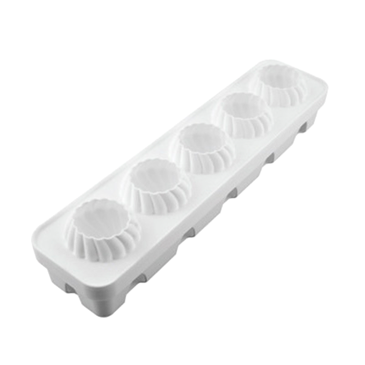 Composto da uno stampo in silicone con cinque cavità da 125 ml ciascuna e da un supporto in plastica per aumentarne la stabilità e facilitarne l’utilizzo. 