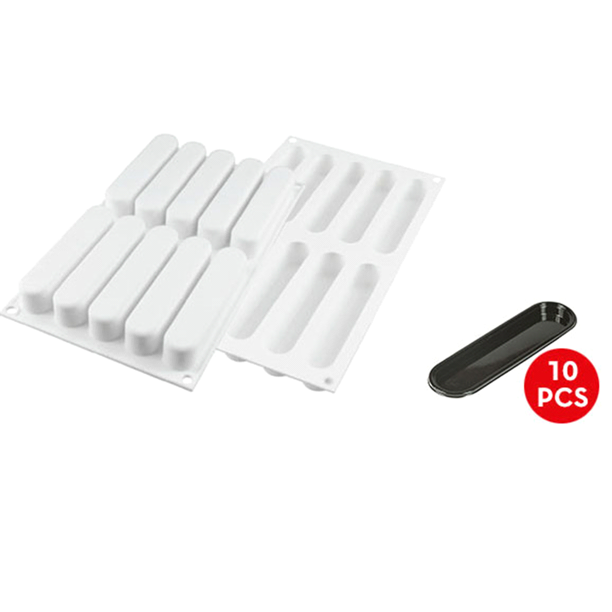 Stampo con 10 cavità da 80 ml ciascuna per realizzare dei semifreddi dai sapori più ricercati, dalle combinazioni di colori più particolari. Misure: 130 x 25 h 25 mm. Volume: 10x80 ml, Tot. 800 ml. 