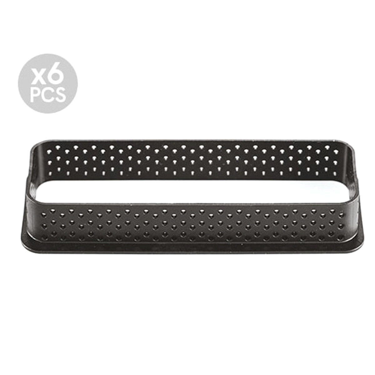 Composto da 6 rettangoli in materiale termoplastico composito, indeformabile, adatto all’uso in forno che consente di realizzare una crostata di dimensioni 120 x 35 h 20 mm. 
