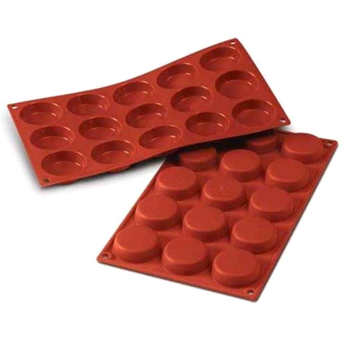 Stampo monoporzione in silicone antiaderente. Dimensione: Ø 50 h 14 mm Volume: 15 x 30 ml. 