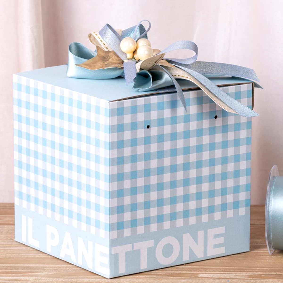 PORTA PANETTONE QUADRI AZZURRO 21x21x21 