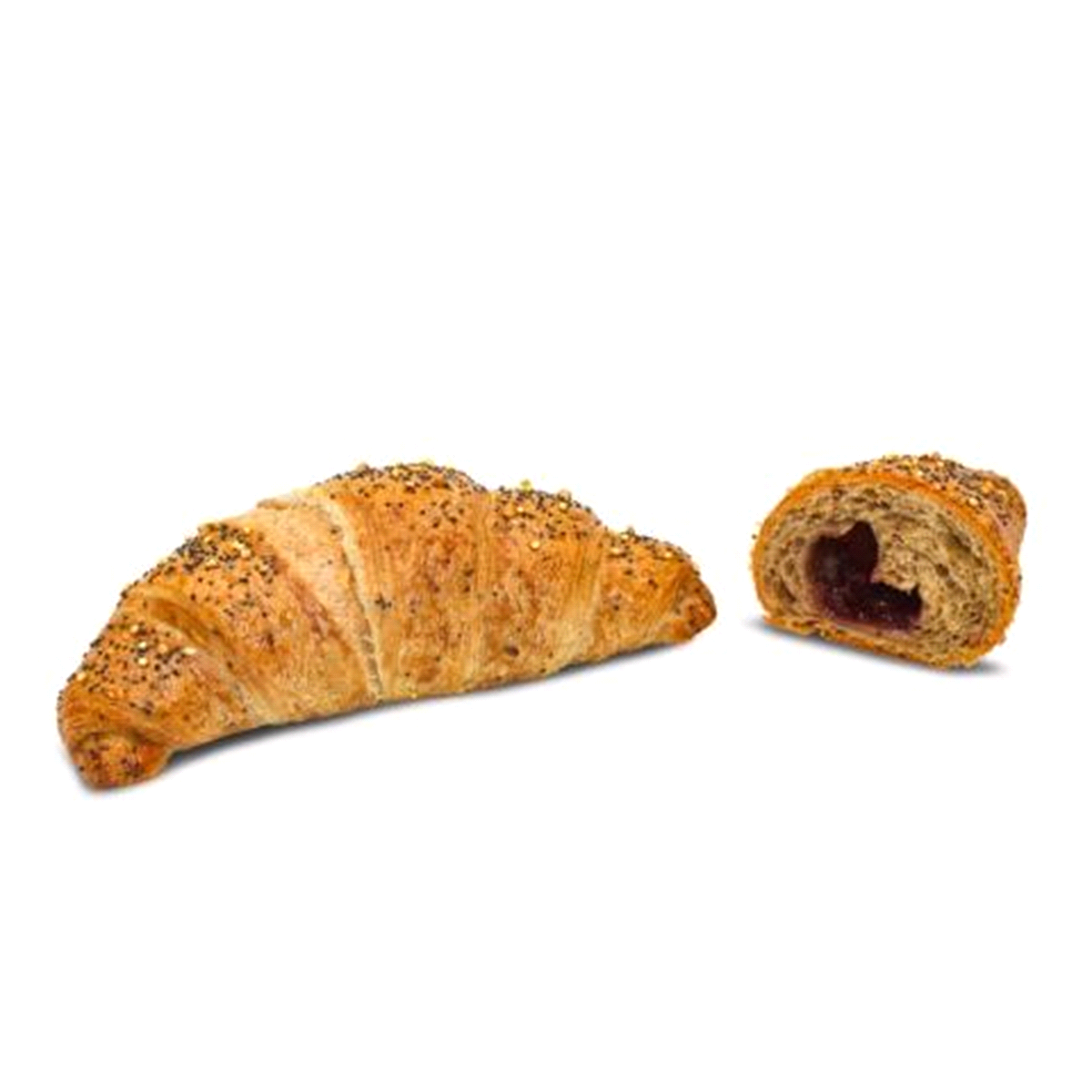 Croissant sfogliati alla francese che si caratterizzano per la croccantezza tipica e una nota delicata di burro. Impasto scuro ricco di cereali e semi (grano tenero, orzo, avena, lino, papavero) leggermente salati con un gusto pronunciato dalla forte identità che ben contrasta la dolcezza del ripieno. La farcitura è la più apprezzata da sempre dagli amanti del croissant farcito ai cereali, ma l