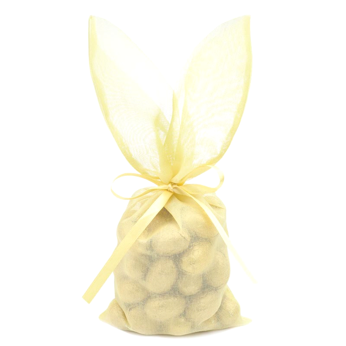 Sacchetto organza bunny bag palette giallo con nastrino. Misure: 29x13,7cm. 