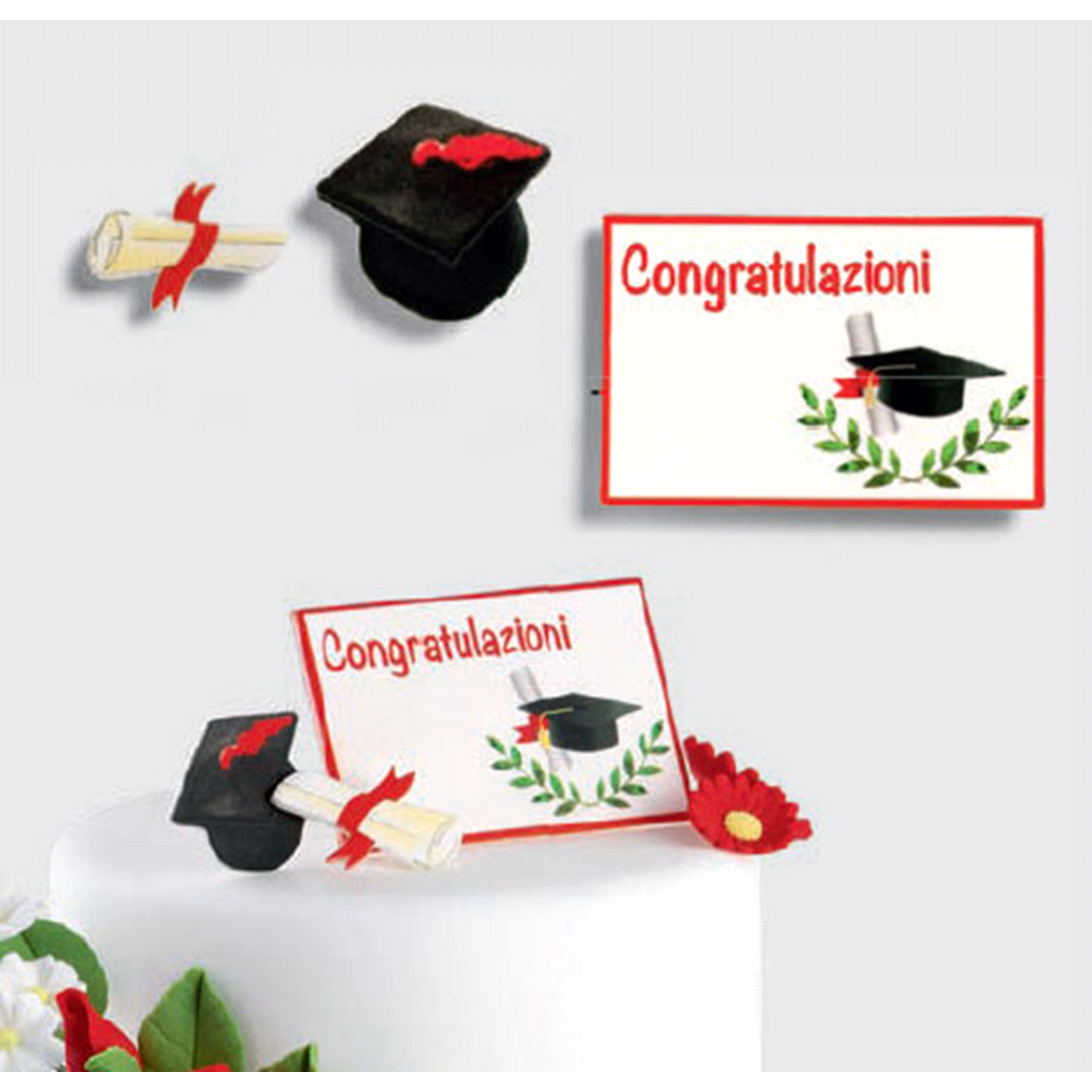 Decorazioni laurea in zucchero 8,5x5,5 cm biglietto | 4x3,5 cm cappello | 4 cm pergamena | 60 pz. 